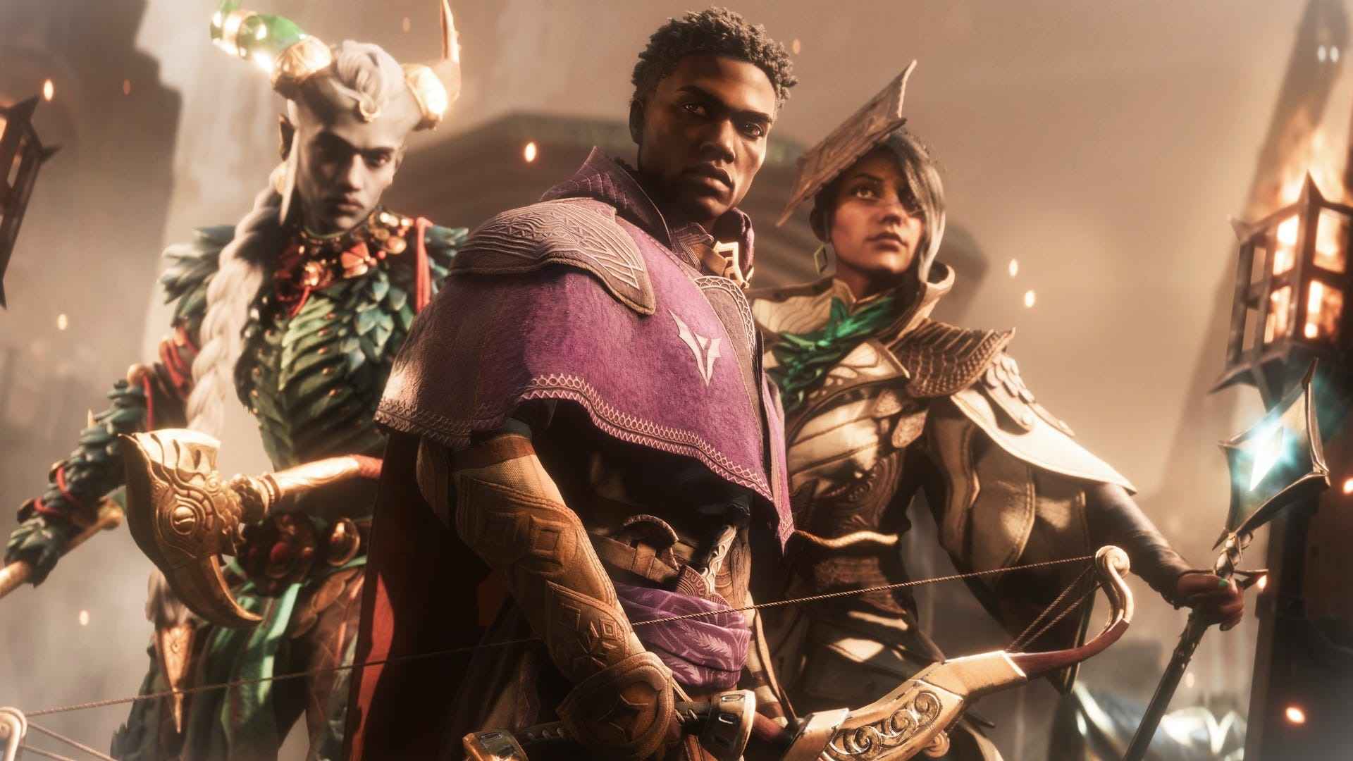 Three characters from the game Dragon Age: The Veilguard. One wields a bow, the other a staff, and finally one with a hammer of sorts.