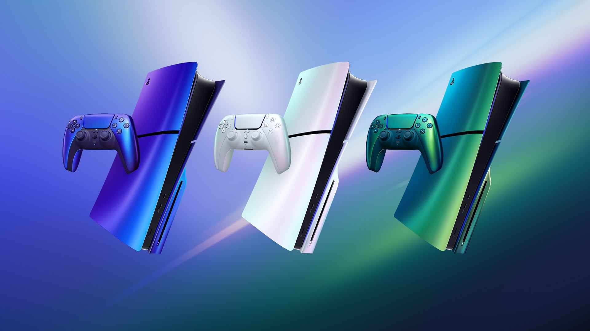 PlayStation Slim models with various chromatic skins - shimmering blue/purple, white/pink and green/teal, alongside controllers with the same colour schemes