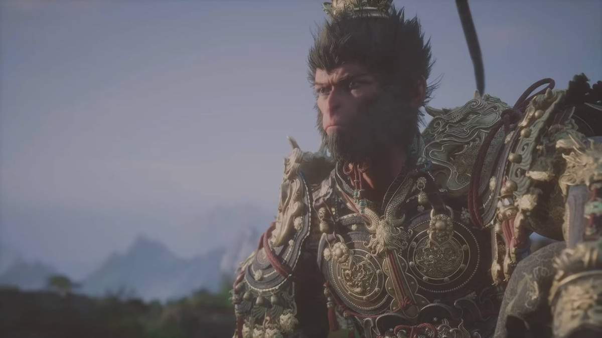 The Monkey King in Black Myth: Wukong, sat on a cliff looking at the horizon