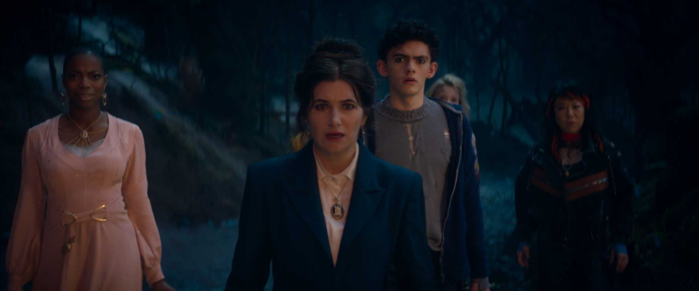 Agatha All Along, Agatha, "Teen", Mrs. Hart, Lilia, Alice & Jennifer standing in the woods, facing the camera, shocked expressions