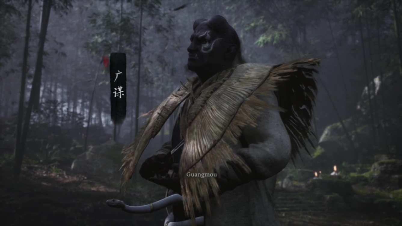 Encountering Guangmou, a boss in Black Myth Wukong in the forest. Guangmou wears a white shirt, straw necklace with a snake on his belt.