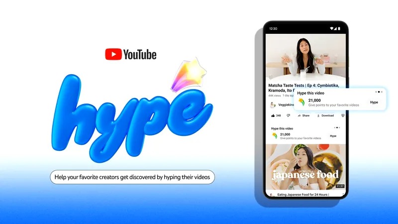 Teaser artwork for YouTube's "Hype" feature, showcasing someone "Hyping" a video to help promote it