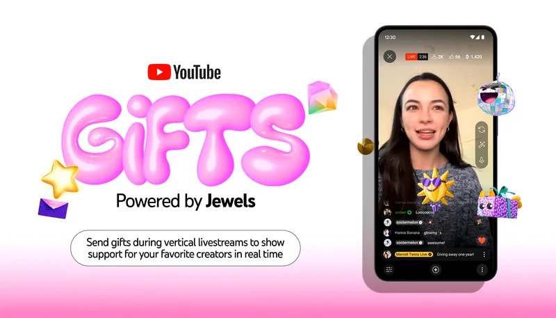 Teaser artwork for YouTube's upcoming 'Jewels' gifting feature, donating with emojis and suchlike on a vertical livestream