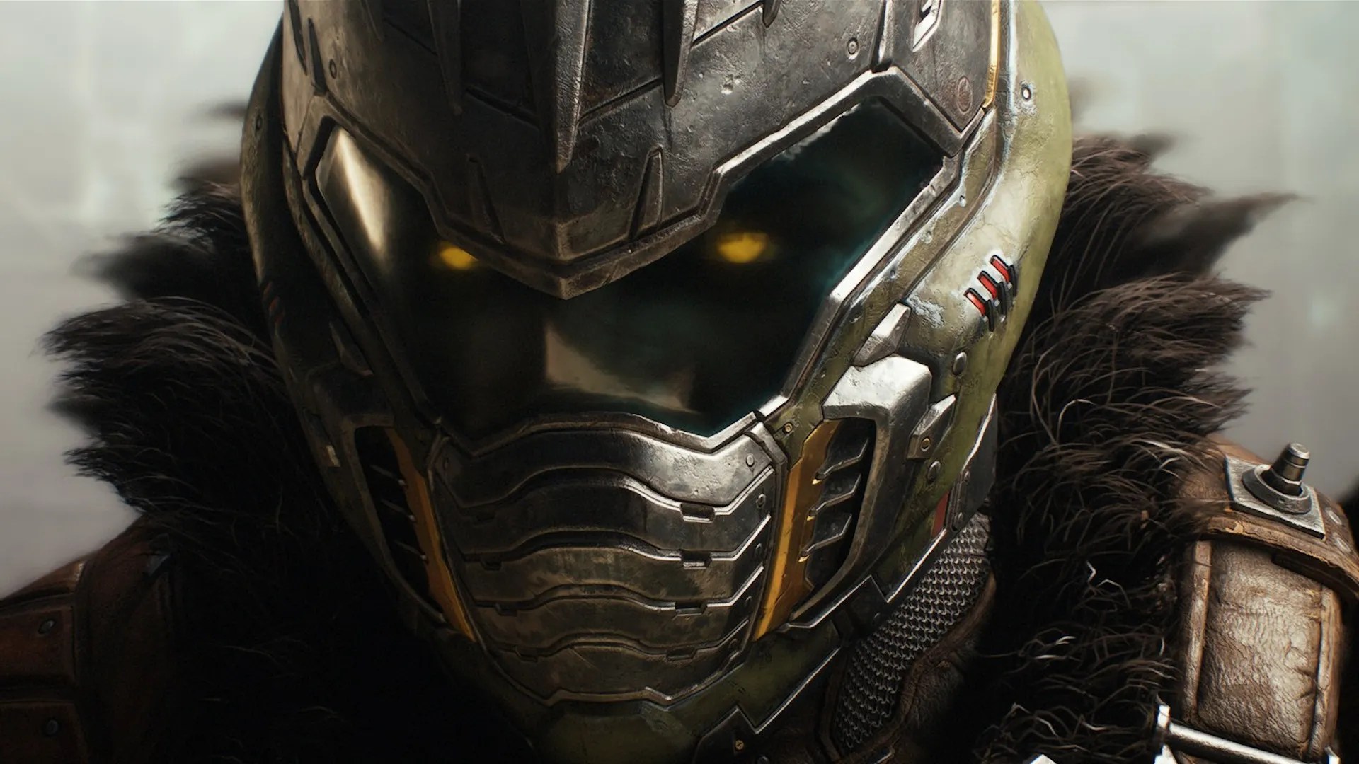 A battle-hardened Doom Slayer stands amidst a medieval battlefield, wielding a brutal axe and a modified shotgun, surrounded by monstrous demons and fire.