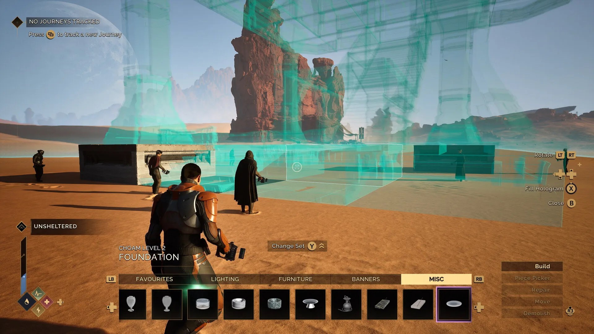 A player constructs a desert settlement in Dune: Awakening, using advanced building mechanics to shape structures amidst the harsh Arrakis landscape.