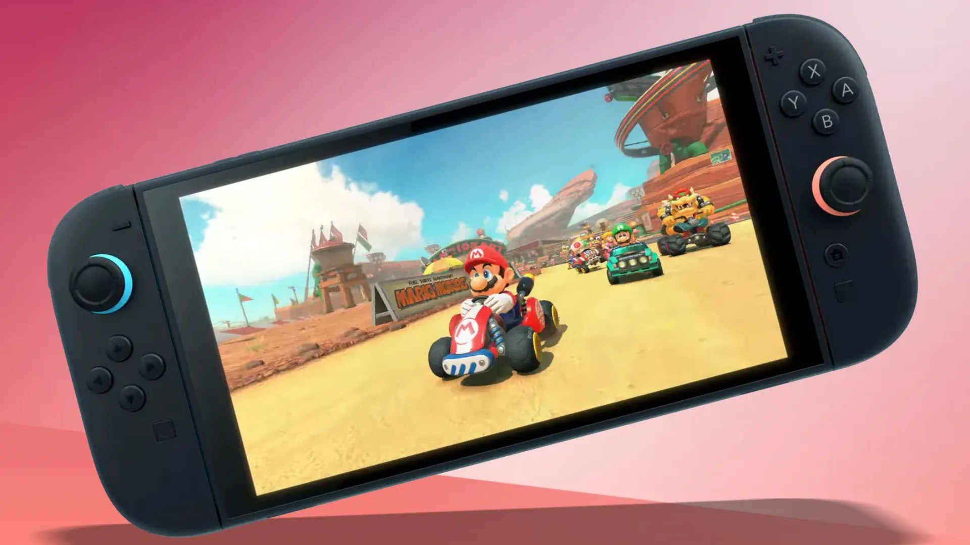 A Nintendo Switch 2 console displays Mario Kart Worlds gameplay, showcasing vibrant tracks and intense racing action on its high-resolution screen.