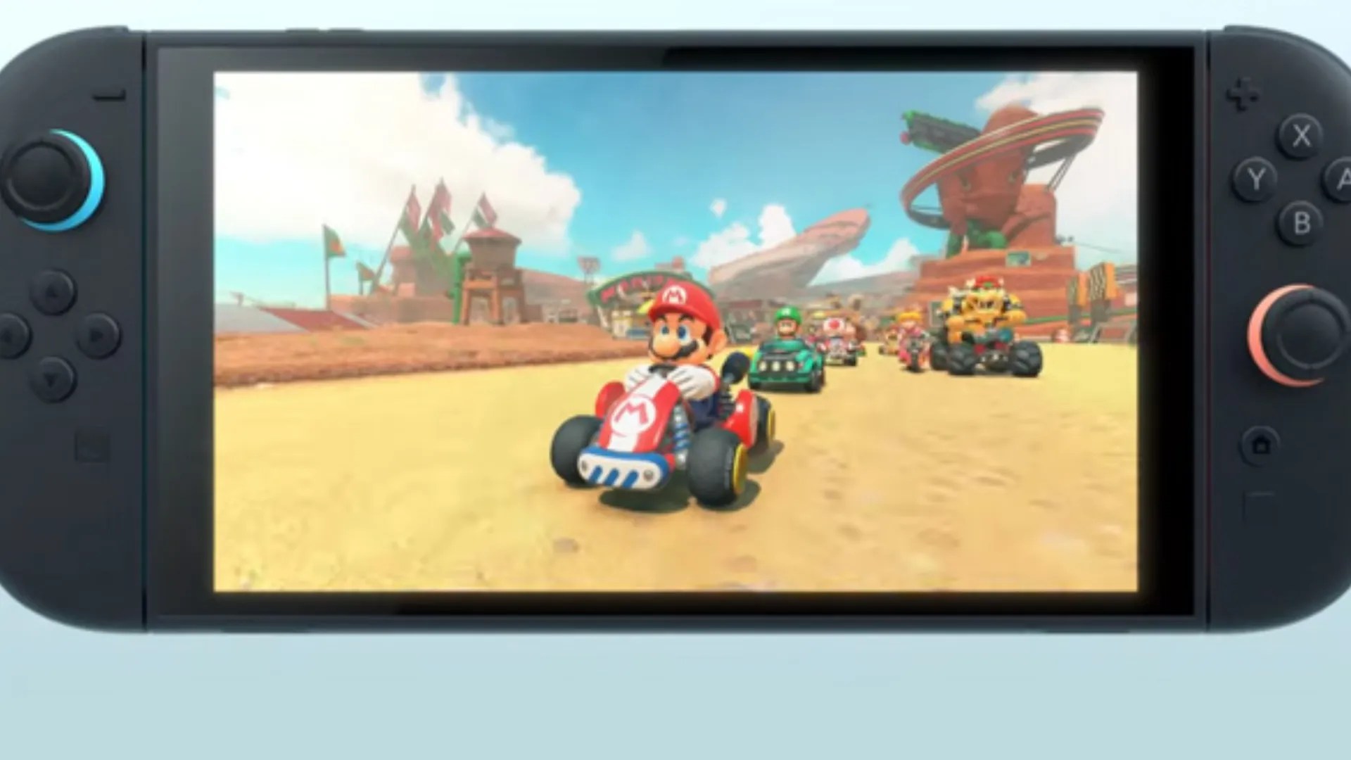 A Nintendo Switch 2 console displays Mario Kart World gameplay, showcasing vibrant tracks, high-speed racing, and dynamic visuals on its upgraded screen.