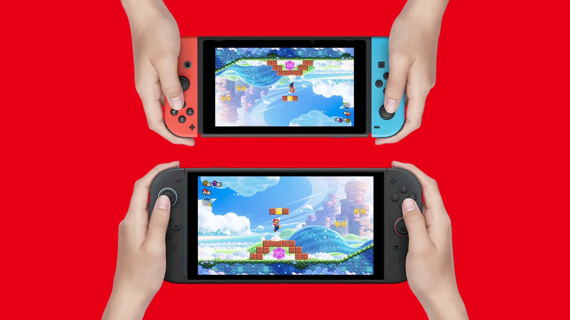 A side-by-side comparison of the Nintendo Switch 2 (bottom) and the original Nintendo Switch (top), both displaying a Mario game, highlighting differences in screen size and design.
