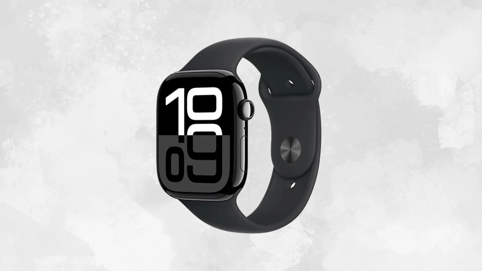 A black Apple Watch Series 8 with a black sport band, showing the 'Metropolitan' watch face with large white numbers.