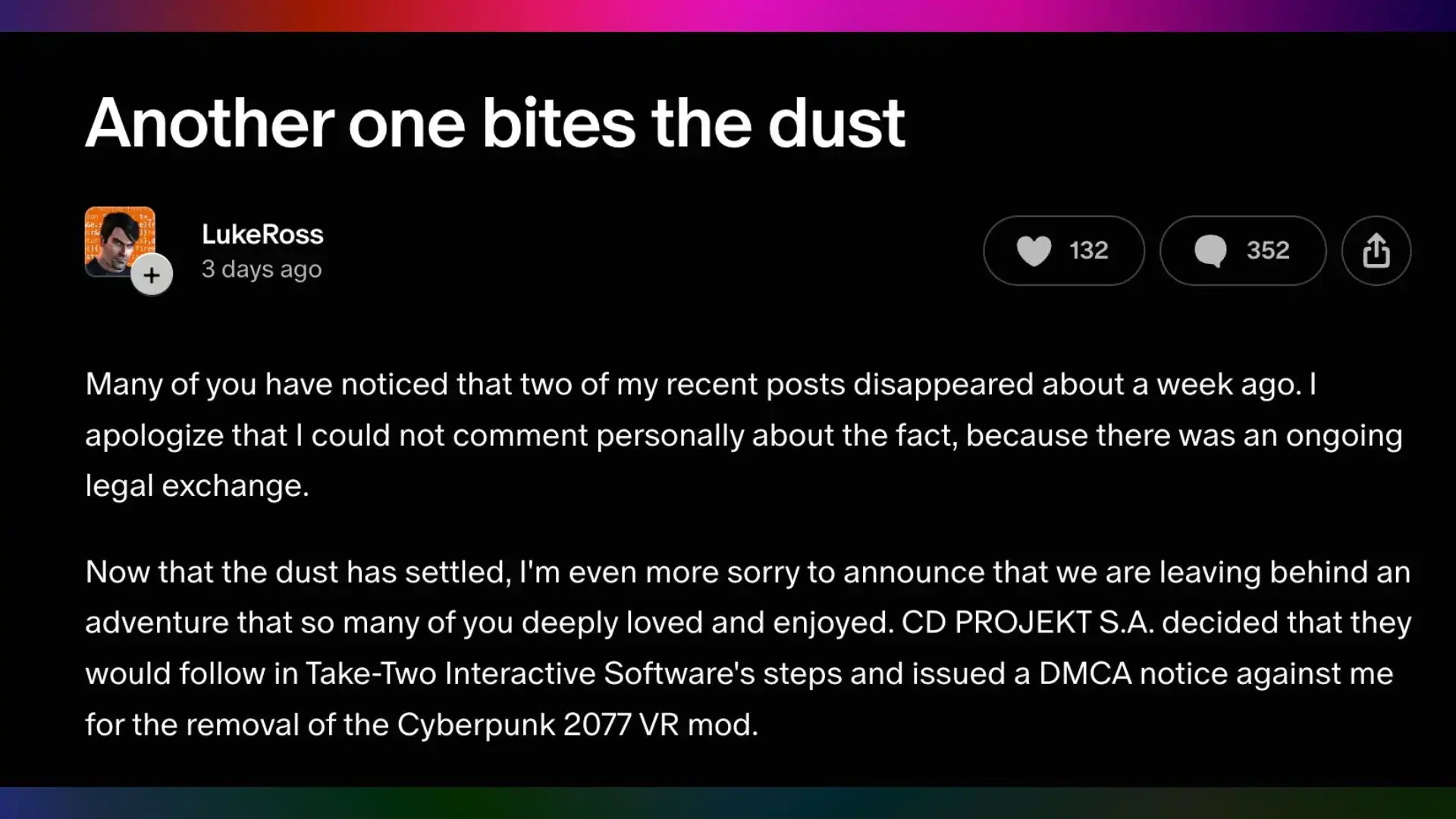 Cyberpunk 2077 - Modder - LukeRoss Patreon Comment